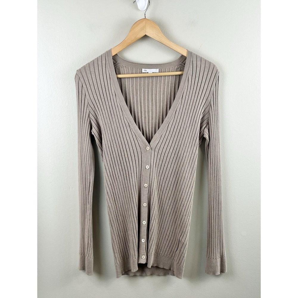 Gap V Neck Rib Knit Cardigan Beige Tan Sz Small Classic Preppy‎ Silk Blend Cozy